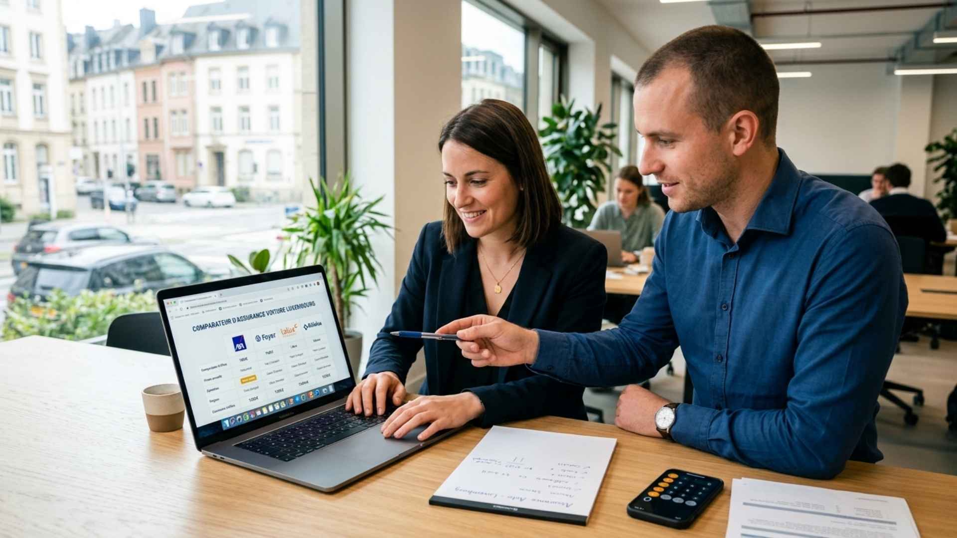 Deux professionnels analysent un comparateur d'assurance auto luxembourgeois